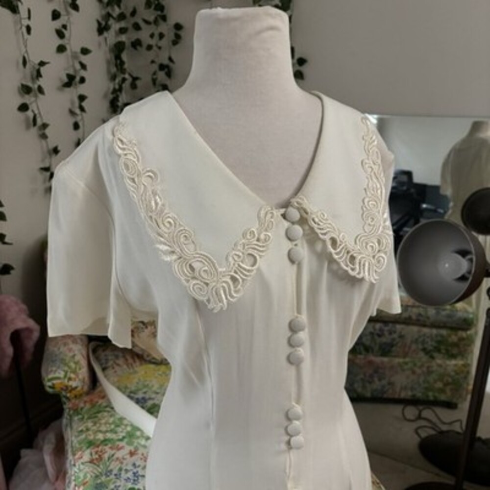 Vintage 1980s Ivory Button Front Dress Lace Collar Romantic Midi Size 11 - Picture 4 of 10